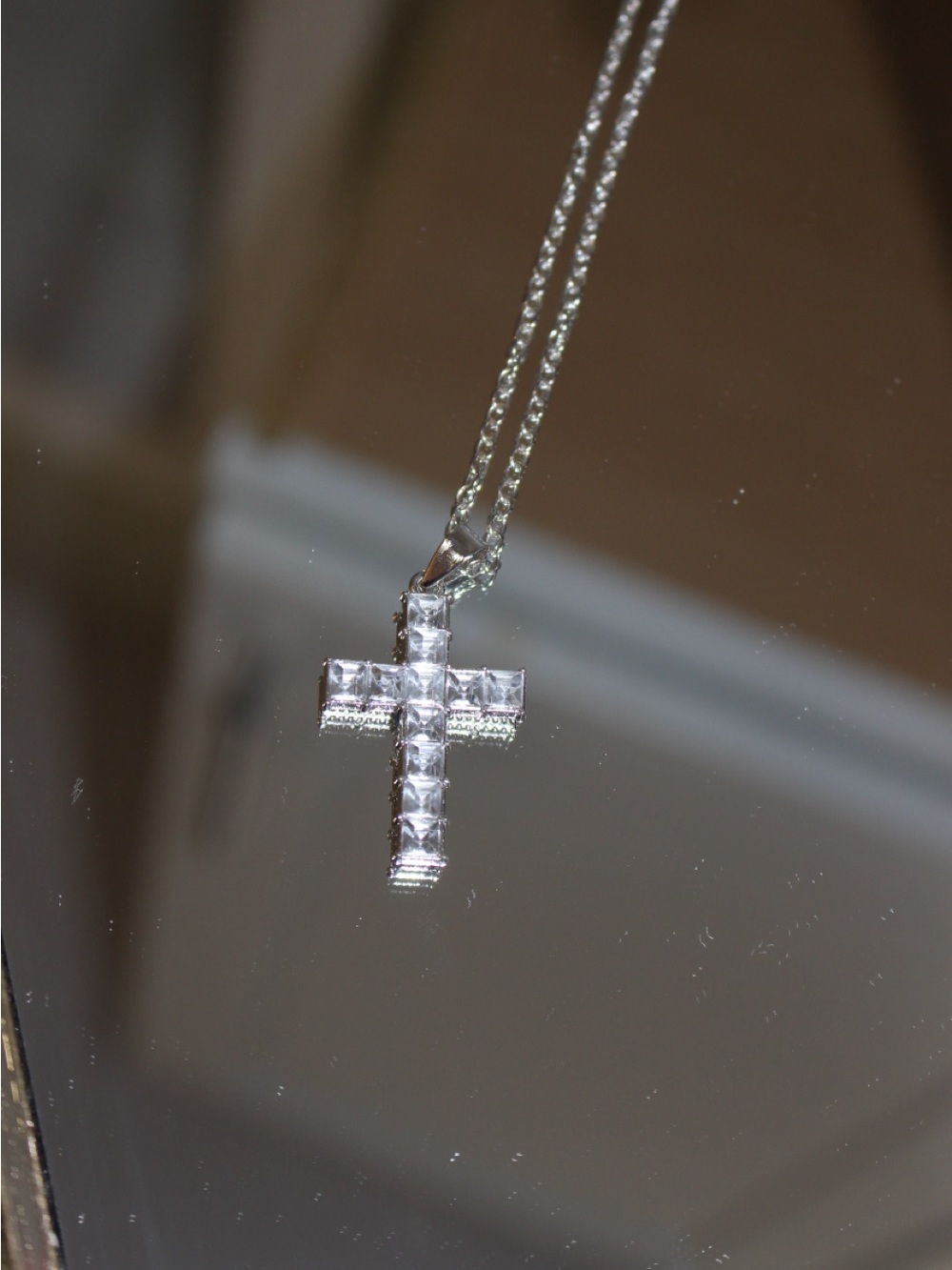 Silver Crystal Cross Pendant Necklace - Clear
